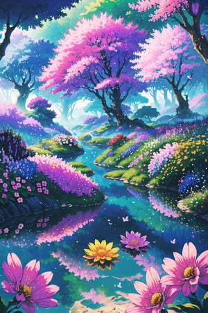 (Masterpiece,  Best Quality),  highres,  (8k resolution), digital illustration, official art,  Manga,  (Ultra-detailed), natural lighting, full background, beautiful, perfect, nature, scenery, garden, flower, flowers, magical landscape, floating particles, vivid, (fantasy:1.1), shimmer, (multicolored theme:1.3), shallow depth of field, perfect lighting