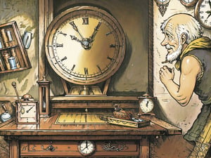 (masterpiece, best quality:1.3), 8k resolution, digital illustration, rup3rt_Style, (solo:1.2), old man, old, balding, beard, workshop, working, hands up, tunic, sleeveless, table, clock, indoors, painting (object), small details, extremely detailed background, finely detailed face, looking down, smile, weathered, warm tone, watchmaker, (fantasy illustration:1.3), intricate details