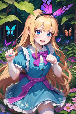 (Masterpiece), (insaneres), 8k, hyperdetailed, deep depth of field, motion blur, 0kazu, unique character concept, hyperrealistc, stunning artwork, finely crafted, alice in wonderland, diamond print thighhighs, clenched hands, diamond_(shape), paw pose, sparkle, dreamy, cowboy shot, extremely detailed background. (perfect hands:1.1), hypnotizing pink eyes, blonde hair, very long hair, butterfly hairband, blue dress. apron, bloomers, waist bow, finger bandages, fingernails, beautiful hands, girly running, blush, happy, smile, open mouth, retro artstyle, perfect female figure, garden, psychadelic, hair ornament, gorgeous, bloom, nature, shadow, nature, overgrown,  fantasy, outdoors, sunlight, day, scenery,1 girl, atmospheric,traditional media