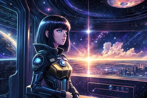 (masterpiece, best quality:1.3), top quality, 8k resolution wallpaper, deep depth of field, solo, detailed face, detailed eyes, thick lineart, bold lineart, shiny, 1girl on a space station looking out a round window at a rocket in space, rajah hair, stylish, science fiction, futuristic, diagonal bangs, perspective, indoors, atmospheric, vanishing line, volumetric lighting, expressive, 90's anime style,Traditional Media, highly detailed, high budget, bokeh, cinemascope, moody, epic, gorgeous, film grain, cinematic film, alive.,ninjascroll,saba_styl3,sugar_rune, galaxy