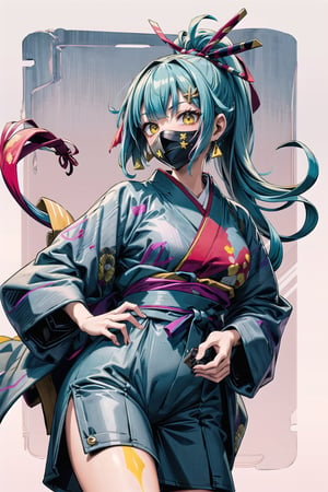 (masterpiece, best quality:1.3), 8k resolution, digital illustration, cover page, gradient, faux traditional media, thick lineart, hirom1tsu, color coordination, bold lineart, 2d, striped print, geometric print, cube, long hair, ponytail, transparent,bandana,hakama,  fighting stance, turning,hair ornament, cowboy shot, shirt,vivid, colorful, haori, (fully clothed:1.3),coat ,eugene_volkan,traditional media