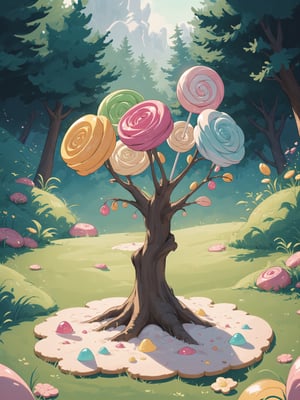 (masterpiece, best quality:1.2), 8k, top quality, candyland, cookie, honey, dress made of candy, jello, plant, playful, expressive, dynamic scene, twisted tree, lollipop, scenery, highly detailed, beautiful, personification, deep depth of field, adorable, cute, (gradients), sweet, shiny, delicious, bloom, volumetric lighting, (fantasy), smooth, extremely detailed,retro artstyle,rha30,Circle,traditional media