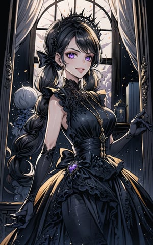 (Masterpiece, Best Quality:1.3), insaneres, (8k resolution), highly detailed, 2d, (faux traditional media:1.3), manga, digital illustration, fantastic composition, (mature female1.3), fantasy, thick lineart, outline, ((centered)), , sugar_rune, black hair, (dynamic pose:1.3), flower, (black theme:1.3), (in the style of yuki kajiura:0.8, ayami kojima, cowboy shot, (victorian), (gothic dress:1.4), dark theme, solo, purple eyes, 1girl, indoors, dark room, victorian setting, smile, evil smile, grin, looking down, from below, (hiding in the shadows:1.3), glowing eyes, parted lips, doll, earrings, sidelocks, (bangs:1.2), (low twintails:1.4), sleeveless, standing, elbow gloves, (dutch angle), supernatural, bonnet, doll dress, ribbon, waist-bow, hair bow, (night:1.2), looking at viewer, expressionless, fairytale, wonder, melancholy, dust particles, natural light pouring through window, (shadow:1.3), darkness, jewelry, very long hair, black gloves, lace trim, half updo, (deep depth of field:1.3), 85mm, hyperrealistic, film grain, colorful, lipstick, blurry foreground, haunted house, (halloween), (moody lighting:1.4), (spooky), (intricate details:1.2), focus face, messy hair, mystical, table, grandfather clock, bookshelf, livingroom, door, high-rise staircase, stairs, curtains, plant, (natural lighting:1.1), long face, (extremely detailed background:1.3), (stylish, fashion), scenery, human furniture, (fantasy:1.3),perfecteyes