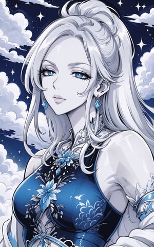 (Masterpiece,  Best Quality), top quality, highly detailed, (8k resolution), (ultra-detailed portrait), upper body, (official alternate costume:1.4), bloom, outline, soft aura, limited palette, deep colors, rich colors, spot color, (intricate details), monochrome, vibrant, (highly detailed), mature female, adult, half-closed eyes, soft makeup, ink_(medium), (long face:1.2), (thick lineart:1.2), (blue and white theme:1.3), beautiful, (detailed face, detailed eyes, deep eyes:1.2), (gradient eyes), copper hair, reflective hair, armlet, curvy, beautiful female figure, mature female, jewelry, head adornment, gold chain, waist chain, jacket, off shoulder,long hair, low ponytail, (long face, full lips), dynamic pose, cocktail dress, looking at viewer, sitting, lying, on side, hand on own hip, perfect hands, nail polish, crossed legs, eye trail, glowing, dark room, studio lighting, sky, cloud, (shiny), floating, atmosphere, misty, no humans, day, halation, sunlight,] (intricate details:1.2), day, (volumetric lighting, soft lighting:1.1), multicolored theme, (clouds, cloud, surrounded by clouds), bloom, windy, petals, surreal, (fantasy:1.1), eugene_volkan,sugar_rune