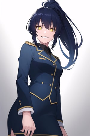8k, top quality, digital illustration, shadow, dark, glowing eyes, detailed face, detailed eyes, dark blue hair, ponytail, yellow eyes, contrapposto, own hands together, arm support, shaded face, from below, looking at viewer, grin, thick lineart,  intricate details, volumetric lighting, tricorne, navy blue, pencil skirt, military uniform, graphite_(medium)