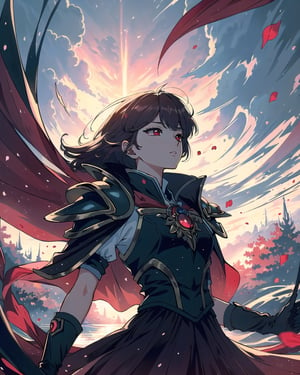 , (masterpiece, best quality:1.4), absurdres, best illustration, solo, long hair, red eyes, (detailed face, detailed eyes), gloves,  cape, armor, petals, single braid, godlight, halation, magnificent, epic scene, looking up, powerful, dynamic posture, surrounded by water, half-closed eyes, dreamy,  dress, retro artstyle, 1990s (style), red theme, (depth of field), (perfect anatomy:1.1), sharp focus), skirt_tail, sugar_rune,skirt_tail,sugar_rune