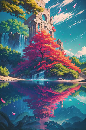 (Masterpiece,  Best Quality:1.4), top quality, (8k resolution), cg unity wallpaper, hyperrealistic, digital illustration, official art, ancient ruins, Manga, (hyperdetailed), natural lighting, full background, beautiful, perfect, building, scenery, garden, surreal, isolated, water, ocean, floating particles, vivid, (fantasy:1.1), shimmer, shallow depth of field, perfect lighting, (day, outdoors:1.3), windy, flying petals, tree, waterfall, water, stream, (deep depth of field:1.5), dappled sunlight, (halation:0.8), paradise, (highres),FFIXBG,LODBG
