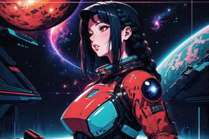 (Masterpiece), (insaneres), 8k, hyperdetailed, deep depth of field, motion blur, 0kazu, cover art, official, original, unique character concept, aged up,  hyperrealistc, stunning artwork, finely crafted, red theme, space station, futuristic, science fiction, atmosphere, sparkle, dreamy, cowboy shot, extremely detailed background. (perfect hands:1.1), hypnotizing red eyes, black hair, very long hair, single braid, spacesuit. looking ahead, from side, round window, spaceship, atmosphere, planet, head up, thinking, half-closed eyes, parted lips, full lips, retro artstyle, perfect female figure, psychadelic, gorgeous, bloom, space, galaxy, shadow, fantasy, outdoors, dark, volumetric, scenery,1 girl, atmospheric,traditional media,saba_styl3