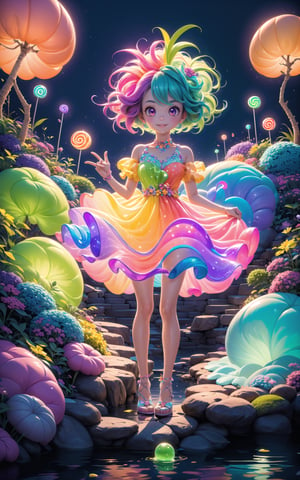 (masterpiece, best quality:1.2), 8k, top quality, cryptids, cookie, cute face, glowing, detailed face, in the style of pixar, cloud, colorful, vivid, a world made of candy, 1girl, plant, scenery, highly detailed, 3d, beautiful, personification, deep depth of field, adorable, cute, (gradients), sweet, shiny, delicious, bloom, volumetric lighting, (fantasy), candyland, candy, see-through, transparent, (jello), (plant girl:1.2), coral colors, personification, smooth, extremely detailed,cryptids,sugar_rune