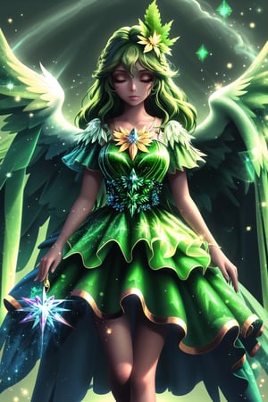 (Masterpiece, best quality:1.4), insaneres, top quality, 8k resolution, w1ndam, 1girl, leaf dress, nature, green nail polish, magical girl, henshin, (wind, magic:1.4), casting spell, glowing, bloom, solo, aura, outer glow, beak, forehead jewel, yellow sclera, glowing, bloom, sky, facing viewer, flapping wings, multiple wings, (huminization:1.4), furry, bird, feathered wings, green theme, looking at viewer, green hair, wavy hair, very long hair, from side, floating, (deep depth of field:1.2), volumetric lighting, , blurry foreground, blurry background, tilt-shift, (glowing particles:1.4), dynamic, volumetric lighting, stunning artwork,saba_styl3,fiber optic dress,see-through