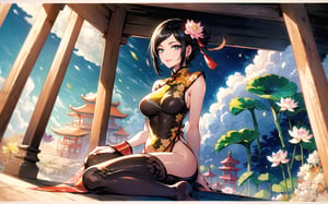 (Masterpiece, Best Quality:1.3), highres, 8k, highly detailed, ultra-detailed full body portrait, 2d, (faux traditional media:1.3), manga, illustration, (mature female!.3), fantasy, thick lineart, outline, flower, cowboy shot, solo, wind lift, (desert:1.3), bamboo forest, zen, paradise, (light smile), happy, expressive, 1girl, black hair, large breasts, sitting, (changpao, earring:1.3), flats, eyes half closed, shimmer, overgrowth, looking at viewer, bishounen, blue sky, (cloud), facing viewer, (lotus position:1.3), perfect feet, (perfect female figure:1.1), fairytale, wonder, dreamy, outdoors, nature, (chinese:1.3), chinese architecture, (extremely detailed background:1.2), 85mm, hyperrealistic, film grain, colorful, adult, lipstick, messy hair, short hair, (shadow), blurry foreground, (intricate details), mystical, (natural lighting:1.1), long face, cozy, (jmature female:1.3), stylish, fashion, bloom, (deep depth of field:1.3), Lifang