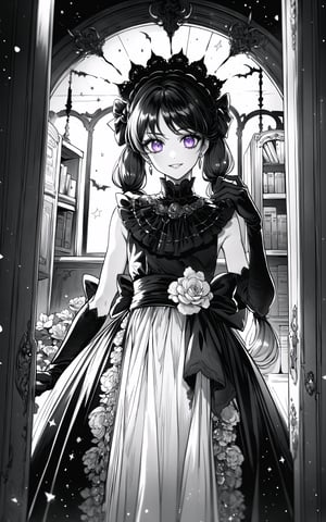 (Masterpiece, Best Quality:1.3), insaneres, (8k resolution), highly detailed, 2d, (faux traditional media:1.3), manga, digital illustration, fantastic composition, fantasy, thick lineart, outline, (centered), sugar_rune, adorable, cute, black hair, (dynamic pose:1.3), flower, (black theme:1.3), (in the style of yuki kajiura:0.8, ayami kojima, cowboy shot, (victorian), (gothic dress:1.4), dark theme, solo, purple eyes, 1girl, indoors, dark room, victorian setting, smile, evil smile, grin, looking down, from below, (hiding in the shadows:1.3), glowing eyes, parted lips, doll, earrings, sidelocks, (bangs:1.2), (low twintails:1.4), sleeveless, standing, elbow gloves, (dutch angle), supernatural, bonnet, doll dress, ribbon, waist-bow, hair bow, (night:1.2), looking at viewer, expressionless, fairytale, wonder, melancholy, dust particles, natural light pouring through window, (shadow:1.3), darkness, jewelry, very long hair, black gloves, lace trim, half updo, (deep depth of field:1.3), 85mm, hyperrealistic, film grain, colorful, lipstick, blurry foreground, haunted house, (halloween), (moody lighting:1.4), (spooky), (intricate details:1.2), focus face, messy hair, mystical, table, grandfather clock, bookshelf, livingroom, door, high-rise staircase, stairs, curtains, plant, (natural lighting:1.1), long face, (extremely detailed background:1.3), (stylish, fashion), scenery, human furniture, (fantasy:1.3),perfecteyes