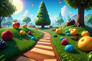 (Masterpiece), (best quality), top quality, fairytale, fantasy, sweet, candy, hyperrealistic, in the style of pixar, 3d, cg unity wallpaper, 8k,  magic, playful, drizzle, syrup, delicious, cookie, cinematic,  shimmer, glitter, scenery, striped, smooth edges, water, gradient, particles, shiny, small details, grass, see-through, transparent, colorful, fruit, chocolate, ,beautiful, sunlight,  volumetric lighting, multicolored theme,  (gradients), atmospheric, top lighting, muted colors, soothing tones, intricate details, dynamic, animated,  breathtaking, magical, tree, (deep depth of field:1.1), extremely detailed background, 850mm, digital illustration, more detail XL, glitter,sweetscape,full background,glitter