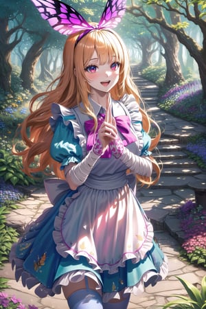(Masterpiece), (highres), 8k, hyperdetailed, deep depth of field, motion blur, 0kazu, unique character concept, hyperrealistc, stunning artwork, finely crafted, alice in wonderland, diamond print thighhighs, clenched hands, diamond_(shape), sparkle, dreamy, cowboy shot, extremely detailed background. hypnotizing pink eyes, blonde hair, very long hair, butterfly hairband, blue dress. apron, bloomers, waist bow, finger bandages, fingernails, beautiful hands, girly running, blush, happy, smile, open mouth, retro artstyle, perfect female figure, garden, psychadelic, hair ornament, gorgeous, bloom, nature, shadow, nature, overgrown,  fantasy, outdoors, sunlight, day, scenery,1 girl, atmospheric,traditional media
