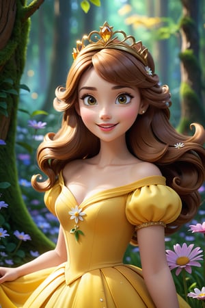 (masterpiece, best quality), top quality, cgsociety, hyperrealistic, (high fantasy:1.3), A highly photorealistic image of princess daisy, yellow dress, fairy village, enchanted forest, the style of pixar, very long hair, wavy mouth, bangs, nature, head tilt, royal, regal, elegant,  seductive smile, lipstick, aged up, woman, extremely detailed, shiny, deep and rich colors, intricate details, motion blur,  focus, no humans, (fantasy), various colors, gradient, 3d, colorful, transparent, bokeh, dreamlike, beautiful, volumetric lighting, 4K Unity, (muted colors, soothing tones), (deep depth of field), princess daisy, (cinematic), atmospheric perspective, sunlight, day, bloom, (glowing), floating particles, (raytracing:1.2), OC rendering, Color classification,hyperdetailed photography,  (super-detailed CG: 1.2), (8K: 1.2), c0raline_style,more detail madgod,sweetscape,madgod,stop motion,cl4mp,more detail XL, cinematic moviemaker style,disney style,glitter,glass shiny style,Strong Backlit Particles,Comic Book-Style 2d,2d,3D,art_booster