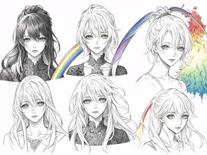 (8k, RAW photo, highest quality), (multiple monochrome), (rainbow order:1.4), multicolored theme, (faux tradition media:1.1), manga, official, thick lineart, expressive, dynamic, graphite_(medium), character concept, fashion, original character design, 8k resolution, (top quality, digital illustration:1.2), intricate details