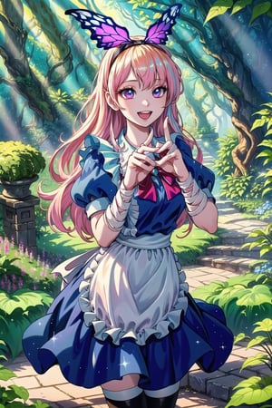 (Masterpiece), (highres), 8k, hyperdetailed, deep depth of field, motion blur, 0kazu, unique character concept, hyperrealistc, stunning artwork, finely crafted, alice in wonderland, diamond print thighhighs, diamond_(shape), sparkle, dreamy, cowboy shot, extremely detailed background. hypnotizing pink eyes, blonde hair, very long hair, butterfly hairband, blue dress. apron, bloomers, waist bow, finger bandages, fingernails, beautiful hands, heart pose, happy, smile, open mouth, retro artstyle, perfect female figure, garden, psychadelic, hair ornament, gorgeous, bloom, nature, shadow, nature, overgrown,  fantasy, outdoors, sunlight, day, scenery,1 girl, atmospheric,traditional media