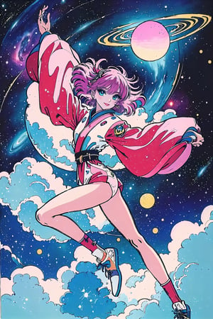 (Masterpiece,  Best Quality),  highres,  (8k resolution),  retro artstyle,  1980s \(style\),  illustration,  official art,  (Traditional Media:1.2),  ((2d)),  Manga,  (Ultra-detailed),  1girl,  solo,  beautiful,  floating hair,  perfect female figure,  space,  depth of field, 