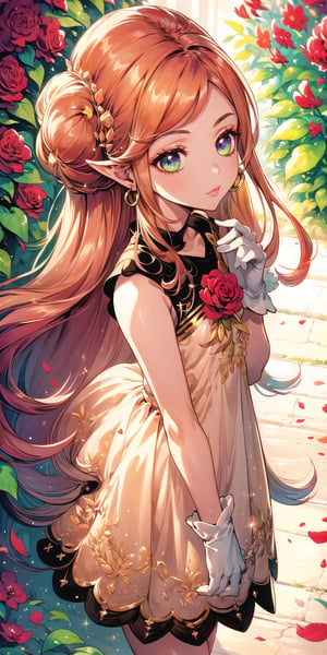 (Masterpiece, Best Quality:1.3), highres, 8k, highly detailed, 2d, (faux traditional media:1.3), manga, illustration, (mature female!.3), fantasy, thick lineart, outline, ((centered)), , sugar_rune, flower, cowboy shot, flower dress, solo, gradient eyes, polka dot, 1girl, sparkle, bush, eyes half closed,,closed mouth, earrings, sleeveless, standing, gloves, overgrowth, wariza, (perfect hands), looking at viewer, pointy ears, fairytale, wonder, dreamy, golden hour, outdoors, leaves, long hair, jewelry, white gloves, nature, doughnut hair bun, half updo, ((depth of field)), 85mm, hyperrealistic, film grain, colorful, lipstick, (very long hair), (rose garden), shadow, blurry foreground, path, (intricate details), mystical, (natural lighting:1.1), long face, country cottage, cozy, princess dress, (jmature female:1.3), stylish, fashion, bloom, (deep depth of field)