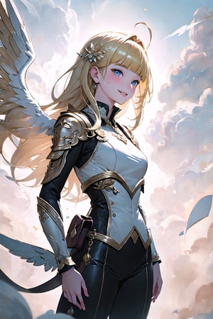 (Masterpiece, Best Quality:1.3), absurdres, (8k resolution), illustration, ((outline, thick lineart)), (faux traditional media:1.3), looking at viewer, heavenly queen, angel wings, white and gold, light theme, (standing), serious, tsurime, (mature female:1.2), adult, fighting stance, balancing, claws, metallic skin, soft skin, ((light smile)), (angelic, elegant:1.2), (solo), (backlighting), (detailed face, detailed eyes:1.2), fashion, stylish, pitch (blonde hair:1.3), (very long hair), reflection, long sidelocks, ((blunt bangs)), blue eyes, (shiny), ((cowboy shot)), (details:1.2), (depth of field), (beautiful face), high quality, ayami kojima:0.3, (extremely detailed), fantastic composition, (highly defloating hair,blootailed), psychedelic, graphite \(medium\), white background, floating particles, cloud print, cloud, bloom:0.4,FFIXBG