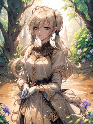 (Masterpiece, Best Quality:1.3), highres, 8k, highly detailed, 2d, (faux traditional media:1.3), manga, illustration, (mature female!.3), fantasy, thick lineart, outline,  sugar_rune, flower, cowboy shot, flower dress, solo, gradient eyes, polka dot, 1girl, sparkle, bush, eyes half closed,,closed mouth, earrings, standing, gloves, overgrowth, (perfect hands), looking at viewer, pointy ears, fairytale, wonder, dreamy, outdoors, leaves, jewelry, white gloves, nature, (low twintails:1.3), ((depth of field)), 85mm, hyperrealistic, film grain, colorful, adult, lipstick, (very long hair), (shadow, blurry foreground, (intricate details), mystical, (natural lighting:1.1), long face, cozy, princess dress, (jmature female:1.3), stylish, fashion, bloom, (deep depth of field),eugene_volkan