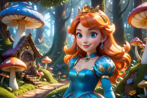 (masterpiece, best quality), top quality, cgsociety, hyperrealistic, (high fantasy:1.3), A highly photorealistic image of a fairy village, enchanted forest, the style of pixar,  flipped hair, orange hair, nature, head tilt, royal, regal, elegant,  seductive smile, lipstick, aged up, woman, extremely detailed background, shiny, deep and rich colors, aged up, looking at viewer, intricate details, mushroom, lively, expressive face, wind lift, detailed face, detailed eyes, blue eyes, happy, laughing, motion blur,  focus, (fantasy), various colors, gradient, 3d, colorful, transparent, bokeh, dreamlike, beautiful, volumetric lighting, 4K Unity, (muted colors, soothing tones), (deep depth of field), princess daisy, (cinematic), atmospheric perspective, sunlight, day, bloom, (glowing), floating particles, (raytracing:1.2), OC rendering, Color classification,hyperdetailed photography,  (super-detailed CG: 1.2), (8K: 1.2), c0raline_style,more detail madgod,sweetscape,madgod,stop motion,cl4mp,more detail XL, cinematic moviemaker style,disney style,glitter,glass shiny style,Strong Backlit Particles,Comic Book-Style 2d,2d,3D,art_booster,Mario1024,princess peach,mario