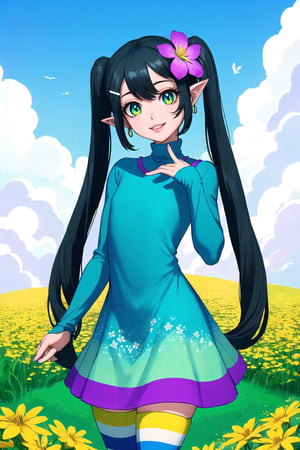 (masterpiece, best quality), digital illustration, volumetric lighting, 2d, bloom, thick lineart, pointy ears, striped, stockings, long sleeves, light smile, hair ornament, swirl print, 8k,outdoors, hair clip, colorful, turning, head tilt, low twintails, very long hair, floral print, parted lips, jewelry, green eyes, black hair, flower, dynamic, sky, day, cloud,  blue sky, 1girl, dress, gradient dress, unique character design, cloud, depth of field, grass, sweetscape,full background, more detail XL,madgod,stop motion, peaceful, serene, shiny, sugar_rune,sugar_rune