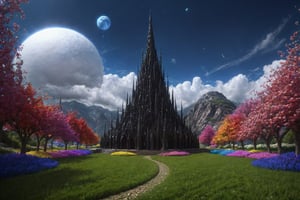 (best quality, masterpiece:1.3), high fantasy, c0raline_style,  (stop motion), alien architecture, colorful, (cinematic), stylish, focus, dreamy, extremely detailed and dynamic, (hyperrealistic, photoreal:1.1), cg unity wallpaper, high contrast, uhdr, full angle view, bloom, dynamic lighting, volumetric, deep depth of field:1.3), bokeh, expressive, intricate design, floating particles, dark, field, outdoors, nature, sky, grass, more detail XL,madgod,Movie Still