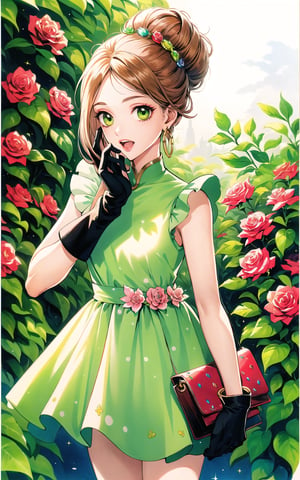 (Masterpiece, Best Quality:1.3), highres, 8k, highly detailed, 2d, (faux traditional media:1.3), manga, illustration, (mature female!.3), fantasy, thick lineart, outline, ((centered)), , sugar_rune, flower, cowboy shot, flower dress, solo, green eyes, polka dot, 1girl, sparkle, bush, open mouth, earrings, sleeveless, standing, gloves, overgrowth, hand on own face, (perfect hands), looking at viewer, outdoors, leaves, long hair, jewelry, white gloves, nature, doughnut hair bun, half updo, ((depth of field)), 85mm, hyperrealistic, film grain, colorful, (rose garden), shadow, (natural lighting:1.1), stylish, fashion, bloom