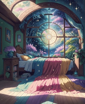 (Masterpiece, Best Quality:1.3), absurdres, 8k, traditional Media,colorful,  hyper-detailed, nature, beautiful, retro arstyle, 1990s (style), vivid, (ciematic:1.1), natural lighting, alcove, fairy, fairytale, fairytale setting, indoors, fairy furniture, cozy, soft lighting, bed, round window, wooden floor, volumetric, finely detailed illustration, (top quality, 8k resolution, cartoon, 2d, scenery,  highly detailed,flower, glitter, pixie dust, colorful beaded curtain, shiny, intricate details, extremely detailed, perfect composition and lighting, surreal,madgod,ninjascroll,LODBG,BiophyllTech,retro artstyle,rayearth