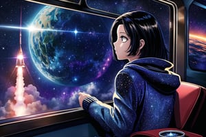 (masterpiece, best quality:1.3), top quality, 8k resolution wallpaper, deep depth of field, solo, detailed face, detailed eyes, thick lineart, bold lineart, shiny, 1girl on a space station looking out a round window at a rocket in space, perspective, atmospheric, vanishing line, volumetric lighting, expressive, 90's anime style,Traditional Media, highly detailed, high budget, bokeh, cinemascope, moody, epic, gorgeous, film grain, cinematic film, alive.,ninjascroll,saba_styl3,sugar_rune, galaxy