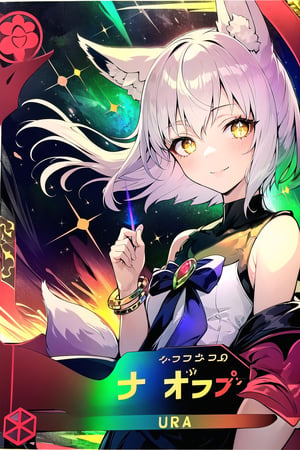 (Masterpiece, best quality:1.4), insaneres, top quality, 8k resolution, (card_(/medium):1.4), holofoil, solo, upper body, (aura, outer glow:1.1),  white hair, wind, short hair, cute, jacket, fox girl, shirt, light smile, sunlight, hypnotic yellow eyes, glowing, bloom, nature, bloom, frilled jacket, skirt, facing viewer, 1girl,  green hair, gorgeous, looking at viewer, (deep depth of field:1.2), bracelet, floating, magical girl, (shiny:1.5), volumetric lighting,(shimmer,glitter:1.3),Fluffy,traditional media, colorful, vivid, card