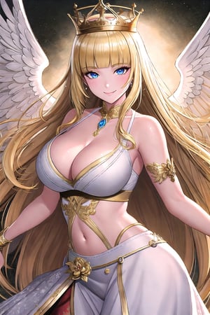 (Masterpiece, Best Quality:1.3), absurdres, (8k resolution), illustration, ((outline, thick lineart)), (faux traditional media:1.3), looking at viewer, heavenly queen, angel wings, white and gold, light theme, (standing), serious, tsurime, (mature female:1.2), adult, fighting stance, balancing, claws, metallic skin, soft skin, ((light smile)), (angelic, elegant:1.2), (solo), (backlighting), (detailed face, detailed eyes:1.2), fashion, stylish, pitch (blonde hair:1.3), (very long hair), reflection, long sidelocks, ((blunt bangs)), blue eyes, (shiny), ((cowboy shot)), (details:1.2), (depth of field), (beautiful face), high quality, ayami kojima:0.3, (extremely detailed), fantastic composition, (highly defloating hair,blootailed), psychedelic, graphite \(medium\), white background, cloud print, cloud, bloom:0.4,FFIXBG