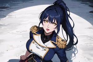 8k, top quality, digital illustration, shadow, dark, glowing eyes, detailed face, detailed eyes, dark blue hair, ponytail, yellow eyes, contrapposto, own hands together, arm support, shaded face, from above, backlighting, outline, volumetric lighting, looking at viewer, serious, closed mouth, lipstick, thick lineart, intricate details, shadow, (tricorne:1.2), navy blue, pencil skirt, military uniform, graphite_(medium), (highly detailed), ocean