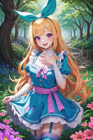 (Masterpiece), (insaneres), 8k, hyperdetailed, deep depth of field, motion blur, 0kazu, unique character concept, hyperrealistc, stunning artwork, madgod, finely crafted, alice in wonderland, diamond print thighhighs, diamond_(shape), hands behind back, sparkle, dreamy, cowboy shot, extremely detailed background. hypnotizing pink eyes, blonde hair, very long hair, butterfly hairband, blue dress. apron, bloomers, waist bow, finger bandages, fingernails, beautiful hands, girly running, blush, happy, smile, open mouth, retro artstyle, perfect female figure, garden, psychadelic, hair ornament, gorgeous, bloom, nature, shadow, nature, overgrown,  fantasy, outdoors, sunlight, day, scenery,1 girl, atmospheric,traditional media