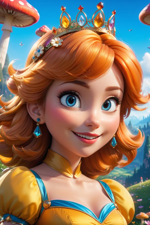 (masterpiece, best quality), top quality, cgsociety, hyperrealistic, (high fantasy:1.3), A highly photorealistic image of princess daisy, yellow dress, fairy village, enchanted forest, the style of pixar,  flipped hair, orange hair, nature, head tilt, royal, regal, elegant,  seductive smile, lipstick, aged up, woman, extremely detailed background, shiny, deep and rich colors, aged up, looking at viewer, intricate details, mushroom, lively, expressive face, wind lift, detailed face, detailed eyes, blue eyes, happy, laughing, motion blur,  focus, (fantasy), various colors, gradient, 3d, colorful, transparent, bokeh, dreamlike, beautiful, volumetric lighting, 4K Unity, (muted colors, soothing tones), (deep depth of field), princess daisy, (cinematic), atmospheric perspective, sunlight, day, bloom, (glowing), floating particles, (raytracing:1.2), OC rendering, Color classification,hyperdetailed photography,  (super-detailed CG: 1.2), (8K: 1.2), c0raline_style,more detail madgod,sweetscape,madgod,stop motion,cl4mp,more detail XL, cinematic moviemaker style,disney style,glitter,glass shiny style,Strong Backlit Particles,Comic Book-Style 2d,2d,3D,art_booster,Mario1024