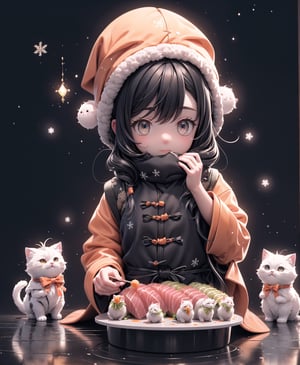 (artwork), (masterpiece), (detailed eyes), (shading), (extremely detailed CG 8k unity wallpaper), (wit studio indirect lighting), (amazing drawn illustration), (best illustrative performance), Winter style,many cute kittens (orange and white),snowflake, cozy atmosphere,pixiv, fun, depth of field, illumination background, reflections, holograms,sky, inside sparking, extremely realistic, and comprehensive,eating sushi. lot of delicious sashimi,(delicious sushi),sticky feeling light in the movie, background reflection Realistic style, chinese style,photo r3al,Land Of Boo,Glass,Clear glass