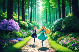 (Masterpiece), (insaneres), 8k, hyperdetailed, deep depth of field, motion blur, 0kazu, unique character concept, hyperrealistc, stunning artwork, madgod, finely crafted, alice in wonderland, diamond print thighhighs, diamond_(shape), hands behind back, sparkle, dreamy, cowboy shot, extremely detailed background. hypnotizing orange eyes, blonde hair, very long hair, hairband, green dress. apron, bloomers, waist bow, beautiful hands, girly running, blush, happy, smile, open mouth, retro artstyle, perfect female figure, garden, psychadelic, hair ornament, gorgeous, bloom, nature, shadow, nature, overgrown,  fantasy, outdoors, sunlight, day, scenery,1 girl, atmospheric,traditional media