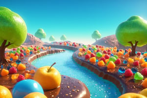 (Masterpiece), (best quality), top quality, fairytale, fantasy, sweet, candy, hyperrealistic, in the style of pixar, 3d, cg unity wallpaper, 8k,  magic, playful, drizzle, syrup, delicious, cookie, cinematic,  shimmer, glitter, scenery, striped, smooth edges, water, gradient, particles, shiny, small details, grass, see-through, transparent, colorful, fruit, chocolate, ,beautiful, sunlight,  volumetric lighting, multicolored theme,  (gradients), atmospheric, top lighting, muted colors, soothing tones, intricate details, dynamic, animated,  breathtaking, magical, tree, (deep depth of field:1.1), extremely detailed background, 850mm, digital illustration, more detail XL, glitter,sweetscape,full background,glitter