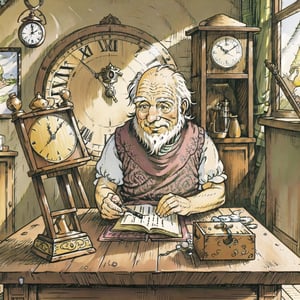 (masterpiece, best quality:1.3), 8k resolution, digital illustration, rup3rt_Style, (solo:1.2), old man, old, balding, beard, workshop, working, hands up, tunic, sleeveless, table, clock, indoors, painting (object), small details, extremely detailed background, finely detailed face, looking down, smile, weathered, warm tone, (fantasy illustration:1.3), intricate details