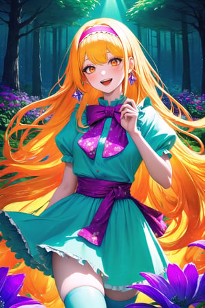 (Masterpiece), (insaneres), 8k, hyperdetailed, deep depth of field, motion blur, 0kazu, unique character concept, hyperrealistc, stunning artwork, madgod, finely crafted, alice in wonderland, diamond print thighhighs, diamond_(shape), hands behind back, sparkle, dreamy, cowboy shot, extremely detailed background. hypnotizing orange eyes, blonde hair, very long hair, hairband, green dress. apron, bloomers, waist bow, beautiful hands, girly running, blush, happy, smile, open mouth, retro artstyle, perfect female figure, garden, psychadelic, hair ornament, gorgeous, bloom, nature, shadow, nature, overgrown,  fantasy, outdoors, sunlight, day, scenery,1 girl, atmospheric,traditional media