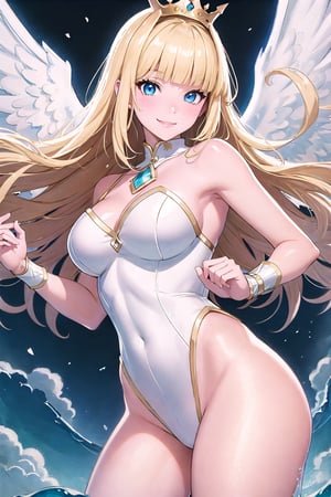 (Masterpiece, Best Quality:1.3), absurdres, (8k resolution), digital illustration, ((outline, thick lineart)), (faux traditional media:1.3), looking at viewer, heavenly queen, angel wings, white and gold, light theme, (standing), serious, tsurime, (mature female:1.2), adult, fighting stance, balancing, claws, metallic skin, soft skin, ((light smile)), (angelic, elegant:1.2), (solo), (backlighting), (detailed face, detailed eyes:1.2), fashion, stylish, pitch (blonde hair:1.3), (very long hair), reflection, long sidelocks, ((blunt bangs)), blue eyes, (shiny), ((cowboy shot)), (details:1.2), (depth of field), (beautiful face), high quality, ayami kojima:0.3, (extremely detailed), fantastic composition, (highly defloating hair,blootailed), psychedelic, graphite \(medium\), white background, floating particles, cloud print, cloud, bloom:0.4,FFIXBG
