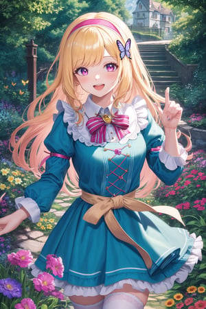 (Masterpiece), (highres), 8k, hyperdetailed, deep depth of field, motion blur, 0kazu, unique character concept, hyperrealistc, stunning artwork, finely crafted, alice in wonderland, diamond print thighhighs, clenched hands, diamond_(shape), sparkle, dreamy, cowboy shot, extremely detailed background. hypnotizing pink eyes, blonde hair, very long hair, butterfly hairband, blue dress. apron, bloomers, waist bow, finger bandages, fingernails, beautiful hands, girly running, blush, happy, smile, open mouth, retro artstyle, perfect female figure, garden, psychadelic, hair ornament, gorgeous, bloom, nature, shadow, nature, overgrown,  fantasy, outdoors, sunlight, day, scenery,1 girl, atmospheric,traditional media