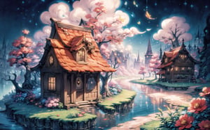 (Masterpiece, Best Quality:1.3), insaneres, top quality, (8k resolution wallpaper), (extremely detailed), 2d, (faux traditional media), manga, illustration, (fantasy), thick lineart, outline, sugar_rune, animal, personification, flower, (no humans), overgrowth, fairytale, wonder, dreamy, outdoors, leaves, (nature), (deep depth of field), 85mm, hyperrealistic, film grain, (garden, valley, river, brook), fantasy realm, shadow, blurry foreground, path, seaside, beautiful, fantastic landscape, (intricate details), mystical, (natural lighting:1.1), country cottage, cozy, min waterfall, bloom, (smooth, rounded corners), white vignetting, (volumetric lighting:1.3), best shadow,ISO_SHOP