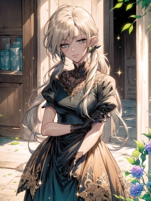 (Masterpiece, Best Quality:1.3), highres, 8k, highly detailed, 2d, (faux traditional media:1.3), manga, illustration, (mature female!.3), fantasy, thick lineart, outline,  sugar_rune, flower, cowboy shot, flower dress, solo, gradient eyes, 1girl, sparkle, bush, eyes half closed, closed mouth, earrings, standing, gloves, overgrowth, looking at viewer, arms behind head, head tilt, pointy ears, fairytale, wonder, dreamy, outdoors, leaves, jewelry, nature, (low twintails:1.3), 85mm, hyperrealistic, film grain, colorful, adult, lipstick, (very long hair), (shadow, blurry foreground, (intricate details), mystical, (natural lighting:1.1), long face, cozy, princess dress, (jmature female:1.3), stylish, fashion, bloom, (deep depth of field:1.3),eugene_volkan