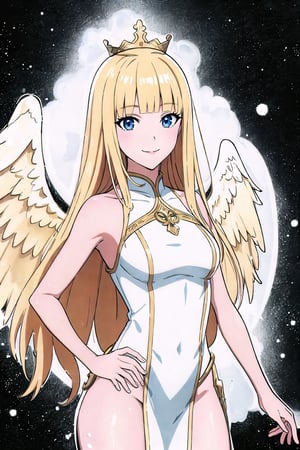 (Masterpiece, Best Quality:1.3), absurdres, (8k resolution), haniel, water, digital illustration, ((outline, thick lineart)), (faux traditional media:1.3), looking at viewer, heavenly queen, angel wings, white and gold, light theme, (standing), serious, tsurime, (mature female:1.2), adult, fighting stance, balancing, claws, metallic skin, soft skin, ((light smile)), (angelic, elegant:1.2), (solo), (backlighting), (detailed face, detailed eyes:1.2), fashion, stylish, pitch (blonde hair:1.3), (very long hair), reflection, long sidelocks, ((blunt bangs)), blue eyes, (shiny), ((cowboy shot)), (details:1.2), (depth of field), (beautiful face), high quality, ayami kojima:0.3, (extremely detailed), fantastic composition, (highly defloating hair,blootailed), psychedelic, graphite \(medium\), white background, floating particles, cloud print, cloud, bloom:0.4,FFIXBG