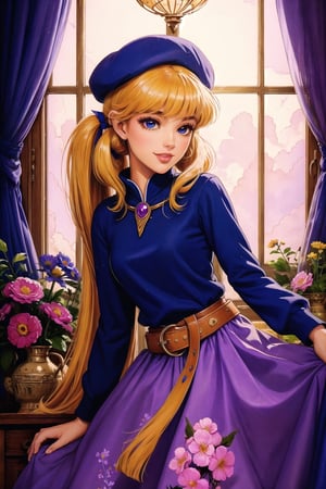 (masterpiece, best quality), digital illustration, volumetric lighting, 2d, bloom, thick lineart, retro artstyle, leaning, (solo), cowboy shot, beret, personality, charming, enchanting, mature female, small details, belt, waist bow, human furniture, long sleeves, light smile, relaxed pose, resting, story-driven, fantasy, 8k,colorful, upper body, head tilt, detailed hair, extremely detailed, low twintails, very long hair, floral print, playing with own hair, jewelry,flower, dynamic, day, high-low skirt, window, curtain, sky, (fashion, stylish), sideways glance, medium breasts, full angle view, gradients, unique character design, indoors, deep depth of field, more detail XL,peaceful, serene, shiny, sugar_rune, Rayearth,traditional media,retro artstyle,sugar_rune