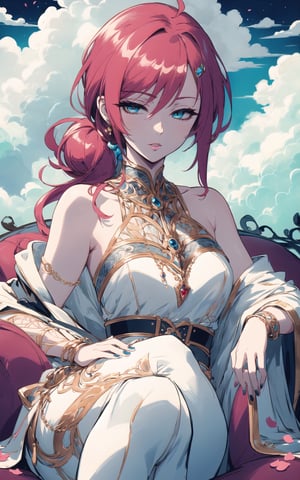 (Masterpiece,  Best Quality), top quality, highly detailed, (8k resolution), (ultra-detailed portrait), upper body, (official alternate costume:1.4), bloom, outline, soft aura, limited palette, deep colors, rich colors, spot color, (intricate details), monochrome, vibrant, (highly detailed), mature female, adult, half-closed eyes, soft makeup, ink_(medium), (long face:1.2), beautiful, (detailed face, detailed eyes, deep eyes:1.2), (gradient eyes), copper hair, reflective hair, armlet, curvy, beautiful female figure, mature female, jewelry, head adornment, gold chain, waist chain, jacket, off shoulder,long hair, low ponytail, (long face, full lips), dynamic pose, cocktail dress, looking at viewer, sitting, lying, on side, hand on own hip, perfect hands, nail polish, crossed legs, eye trail, glowing, dark room, studio lighting, sky, cloud, (shiny), floating, atmosphere, misty, no humans, day, halation, sunlight,] (intricate details:1.2), day, (volumetric lighting, soft lighting:1.1), multicolored theme, (clouds, cloud, surrounded by clouds), bloom, windy, petals, surreal, (fantasy:1.1), eugene_volkan