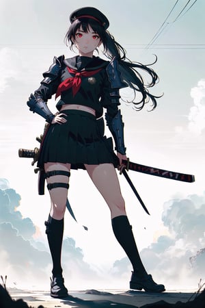 (Masterpiece, Best Quality:1.3), absurdres, (8k resolution), full body, full angle view, illustration, 1girl, solo, long hair, looking at viewer, skirt, shirt, black hair, red eyes, long sleeves, hat, holding, closed mouth, school uniform, ponytail, weapon, cowboy shot, horns, serafuku, sword, black skirt, sailor collar, holding weapon, armor, neckerchief, parted bangs, black shirt, holding sword, katana, shoulder armor, sheath, red neckerchief, black serafuku, sheathed, japanese armor, scabbard, kote. (extremely detailed), ((depth of field)), fantastic composition, (shadow), sky, cloud, (highly detailed), floating particles, 