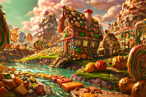 Score_9, Score_8_up, Score_7_up, (masterpiece, best quality), (insaneres), 8k resolution wallpaper, hyperdetailed, 2d, cartoon, sweetscape, full background, fantasy, winding path, (house made of candy:1.3), sugar, shiny, rainbow terrain, candy, (choloate:1.3), oversized truffle, smarties, spiral tree, purple grass, (green water:1.4), (deep depth of field), sunset, glaze, sugar, glitter, volumetric lighting,  (Extremely detailed, intricate details)